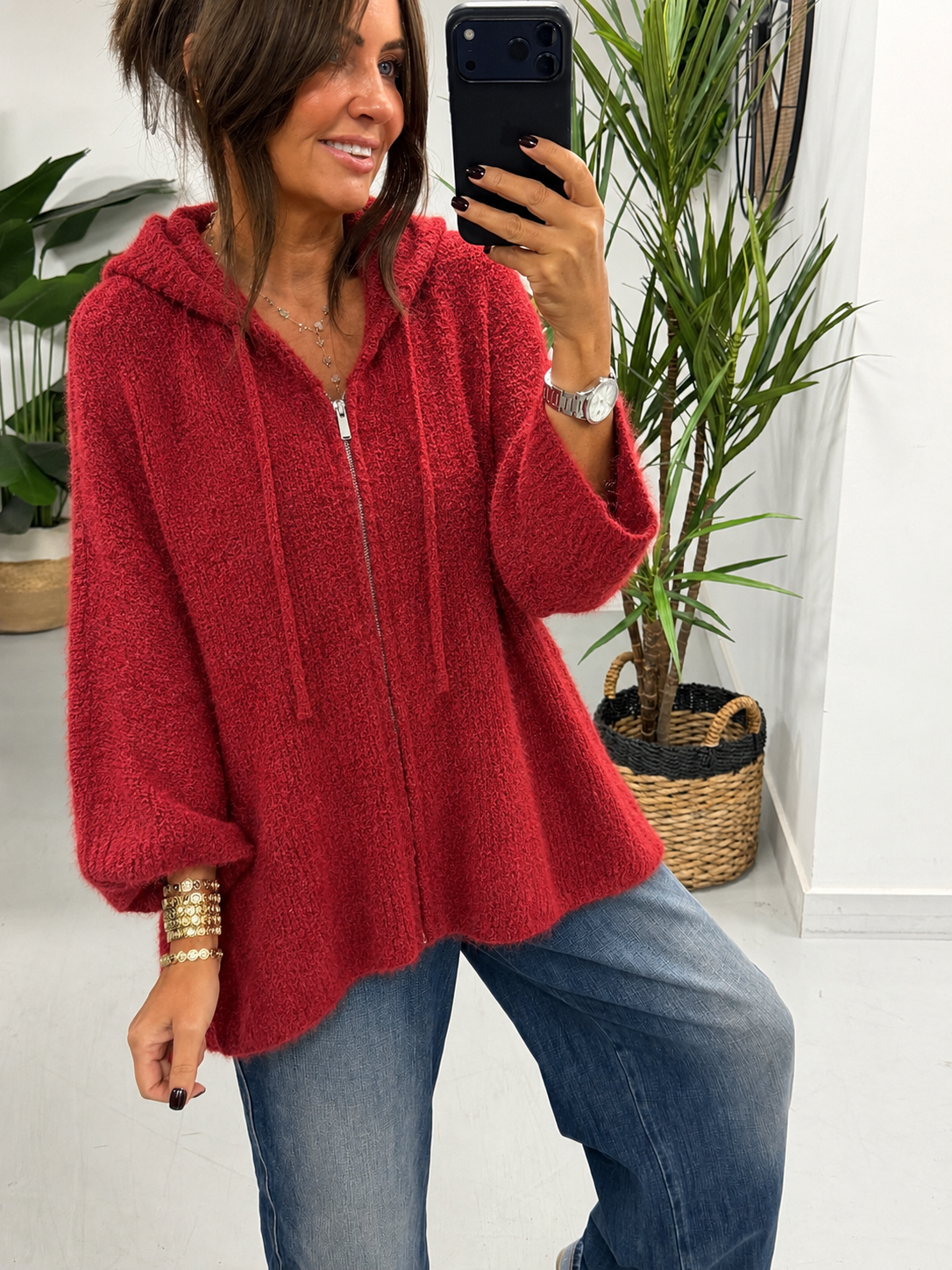 Hooded Zipped Cardigan - Wine  (Size 12-18)