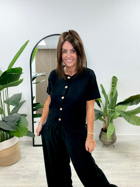 Gold Button Cardigan - Black