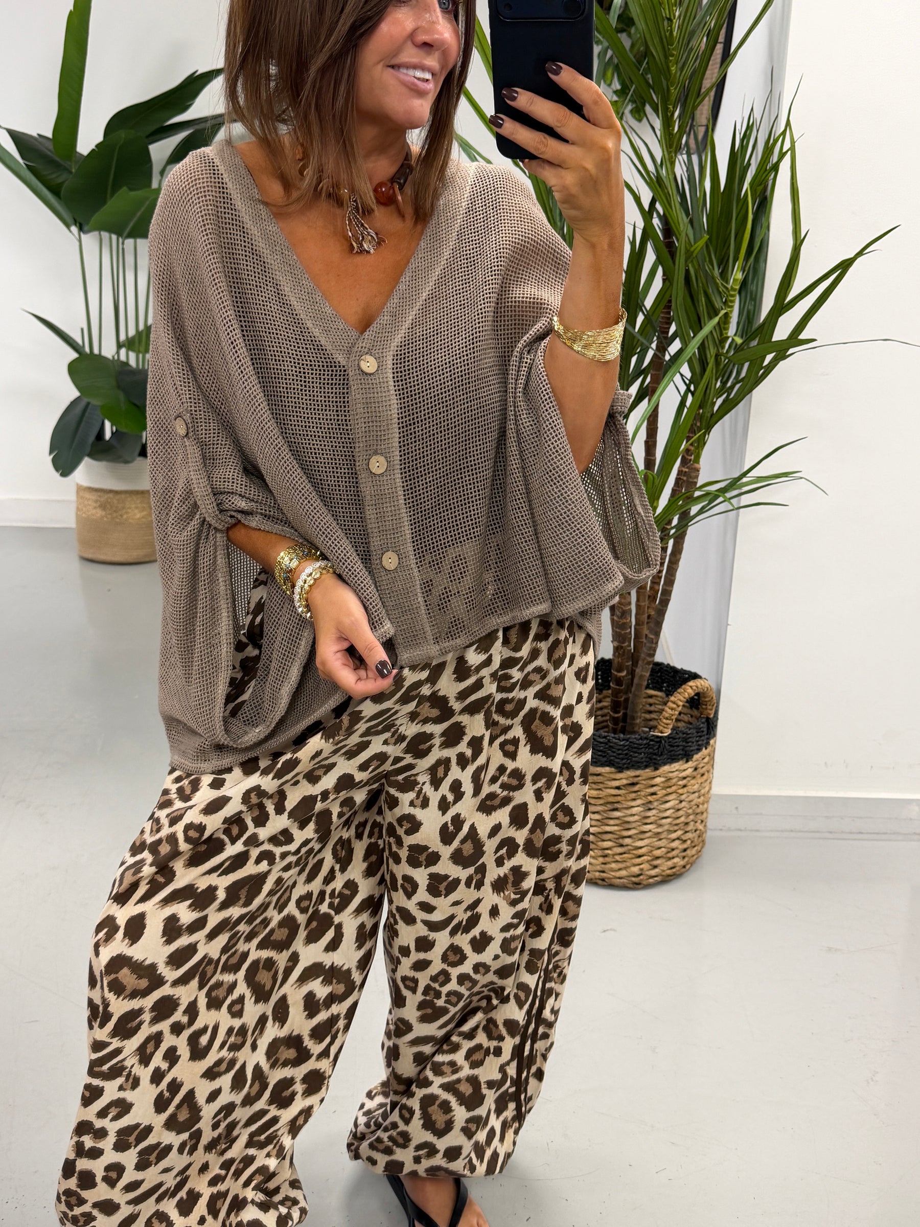 Mesh Button Cardigan - Taupe