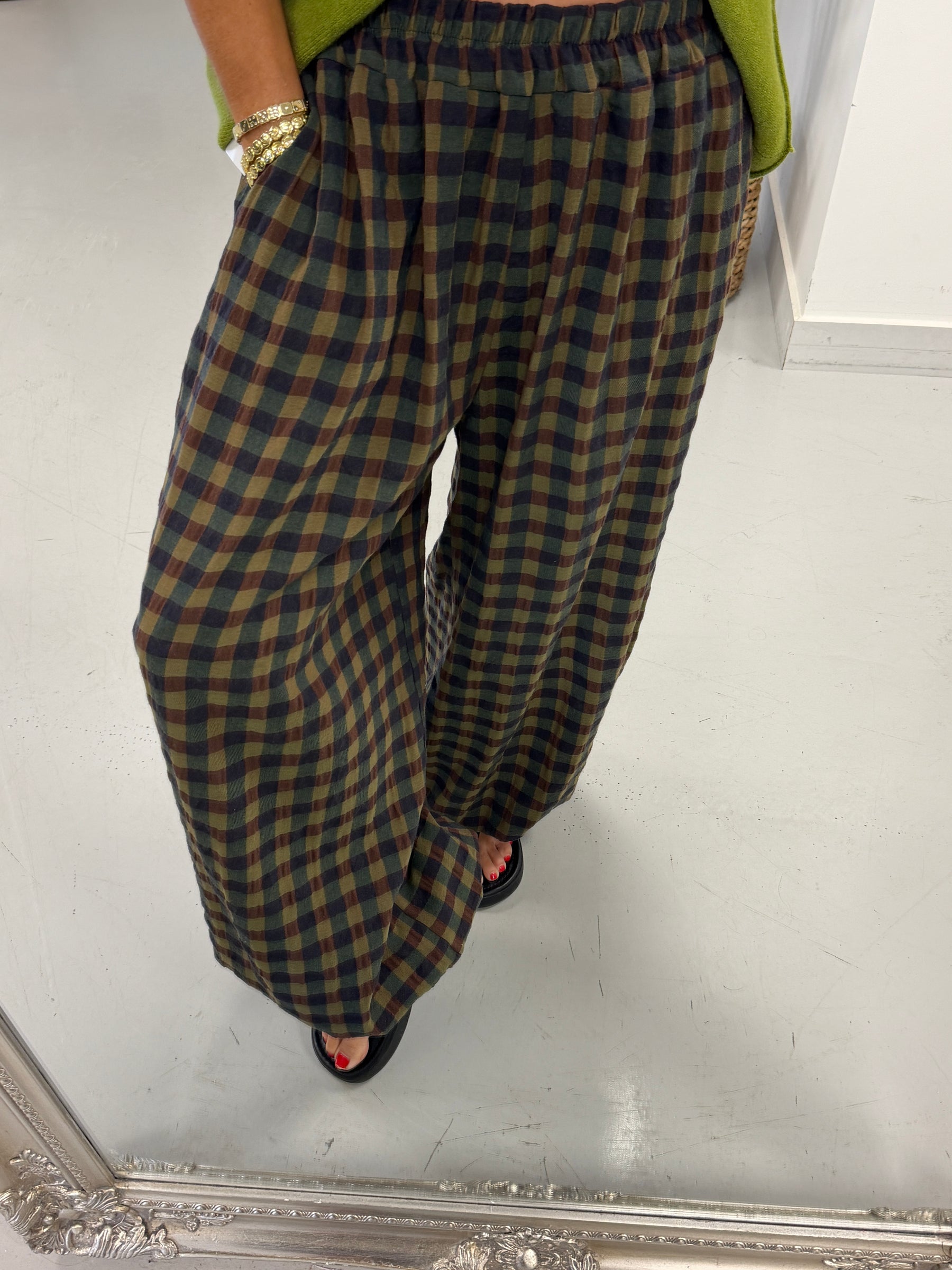 The Autumn Check Balloon Trousers - Green/Navy