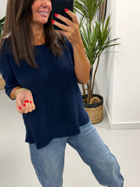 Crop Sleeve Boat Neck Knit - Navy