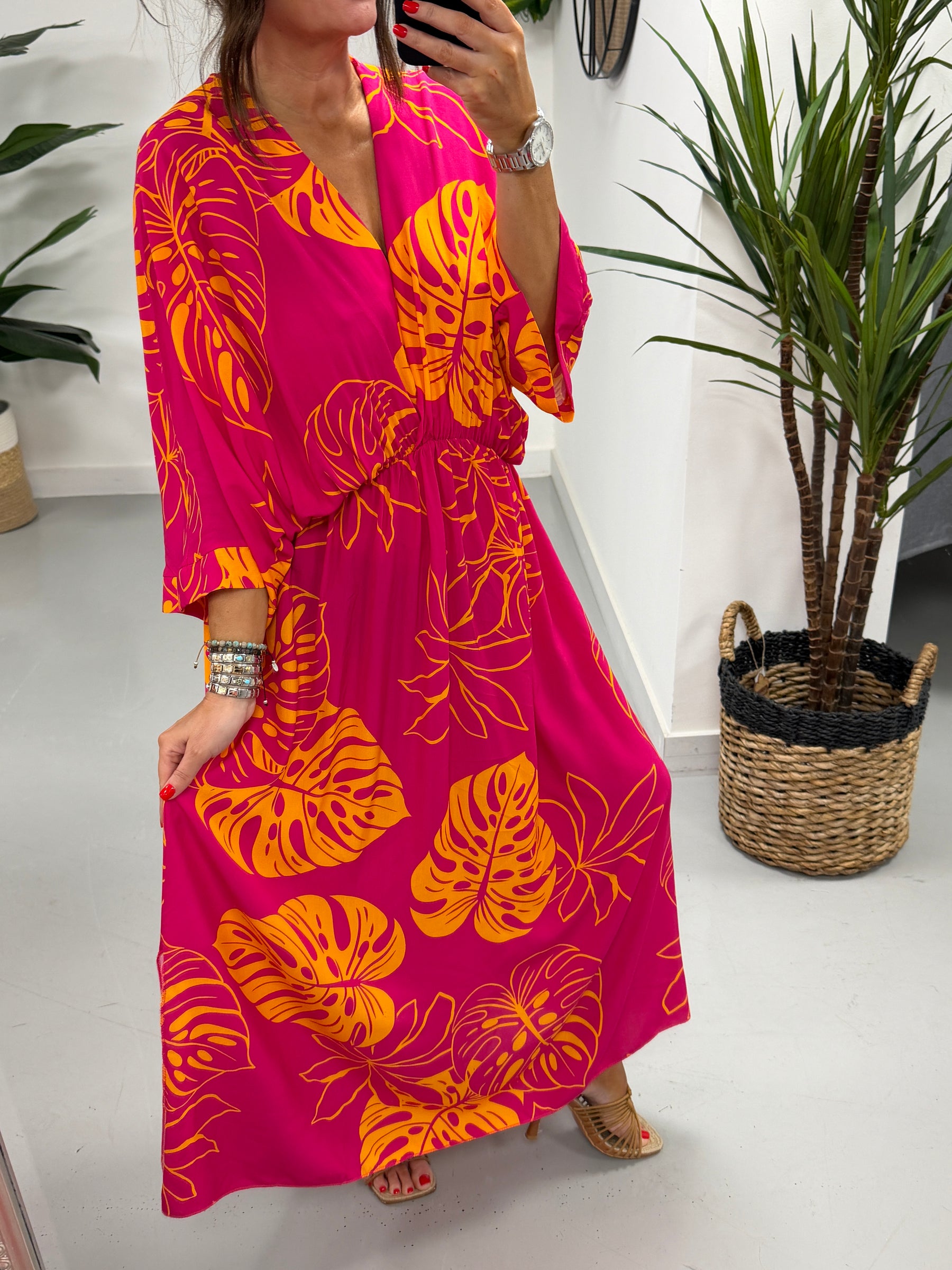 Leaf Cross Over Dress - Pink/Orange