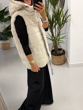 Fly Faux Fur Hooded Giilet  - Cream