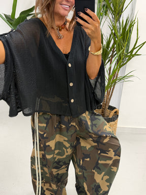 Mesh Button Cardigan - Black