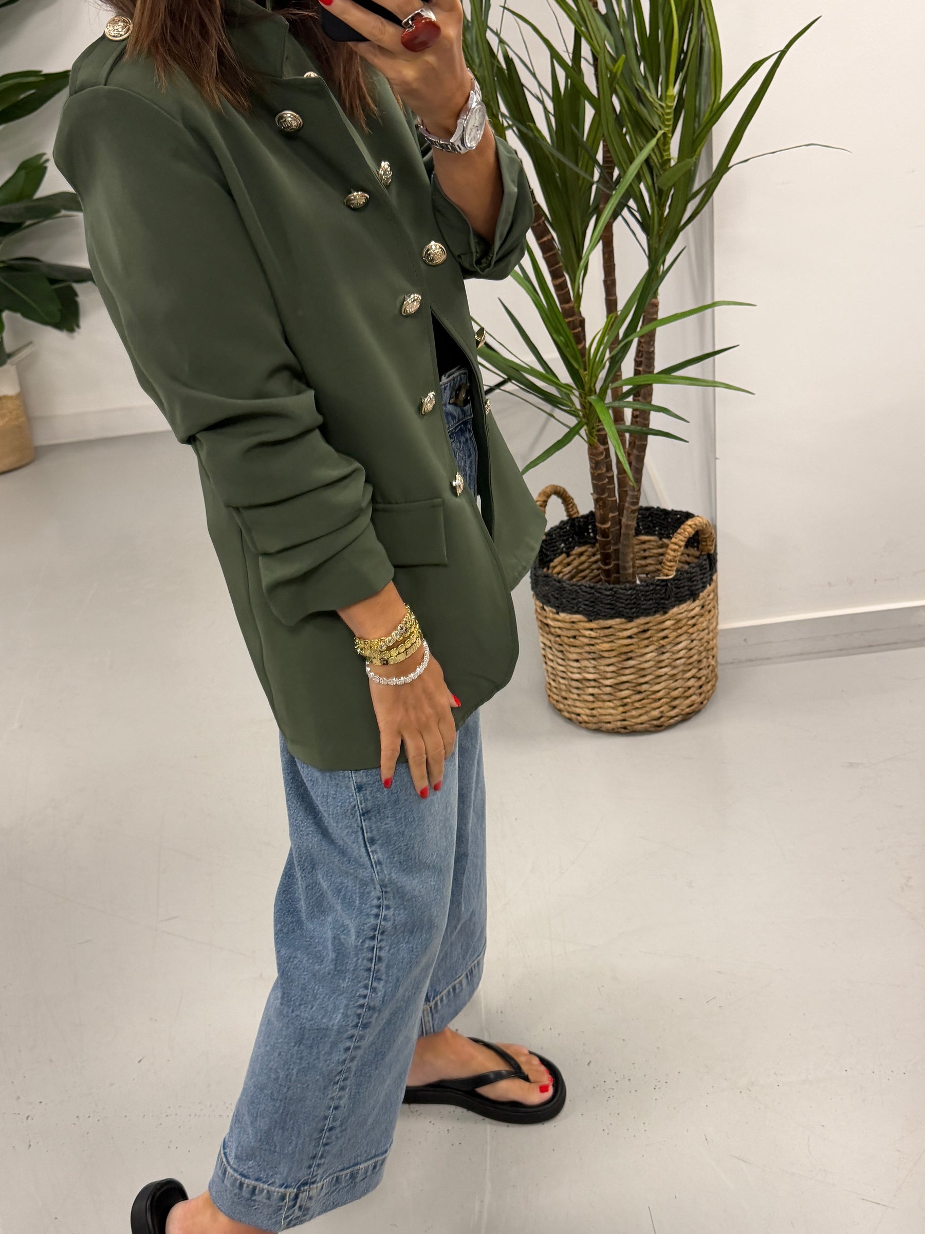 Military Ruched Sleeve Blazer - Khaki