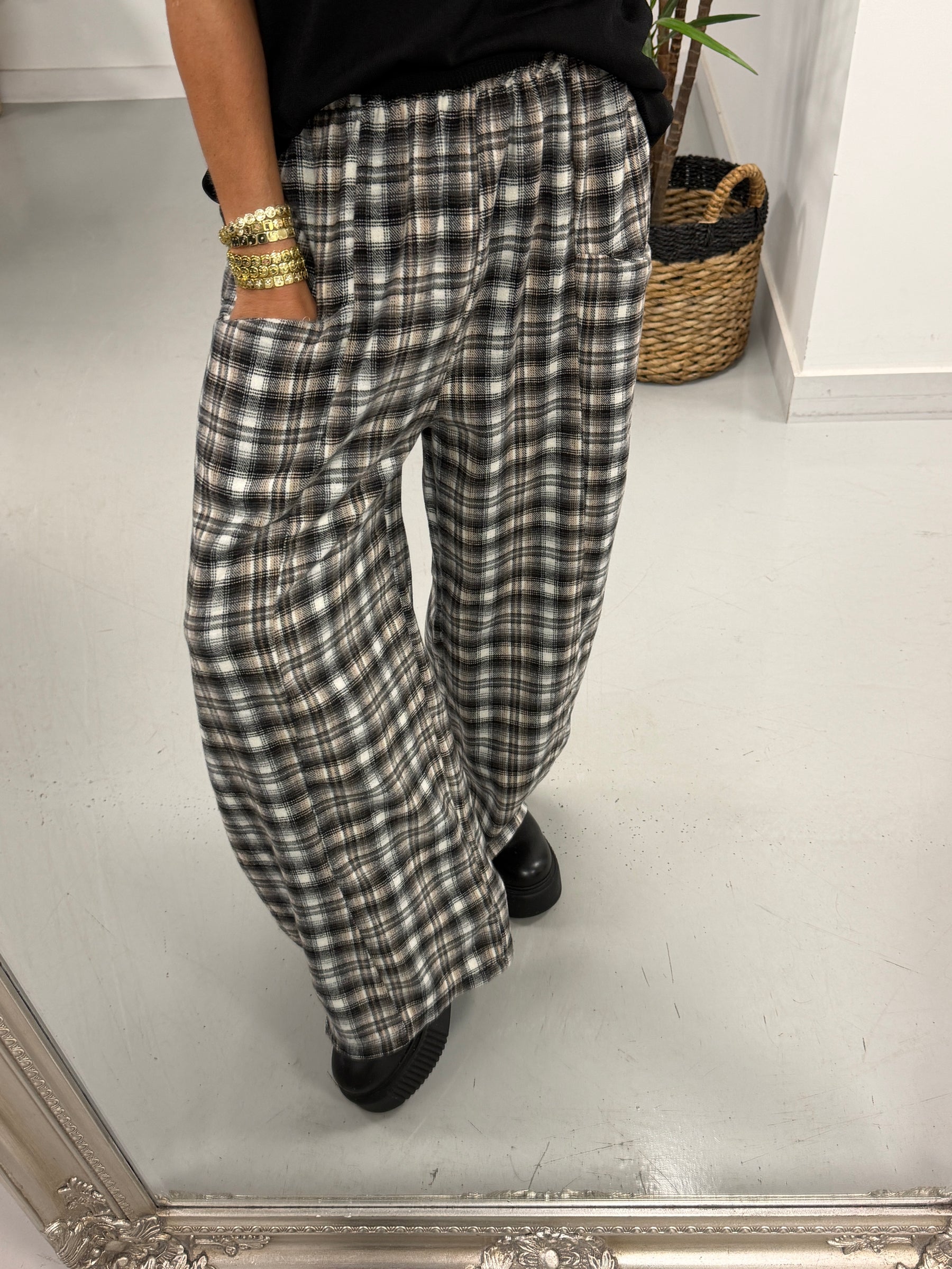 The Bailey Plush Cotton Plaid Barrel Trousers- Black (Size 10-16)