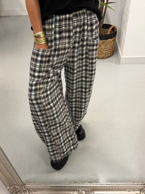 The Bailey Plush Cotton Plaid Barrel Trousers- Black (Size 10-16)