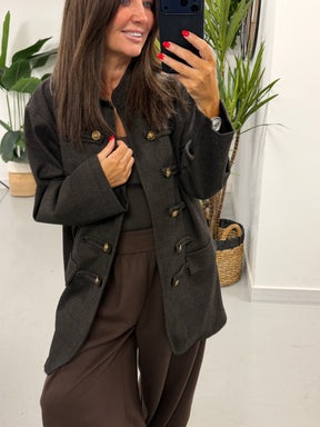 The Long Line Herringbone Style  Military Jacket - Chocolate