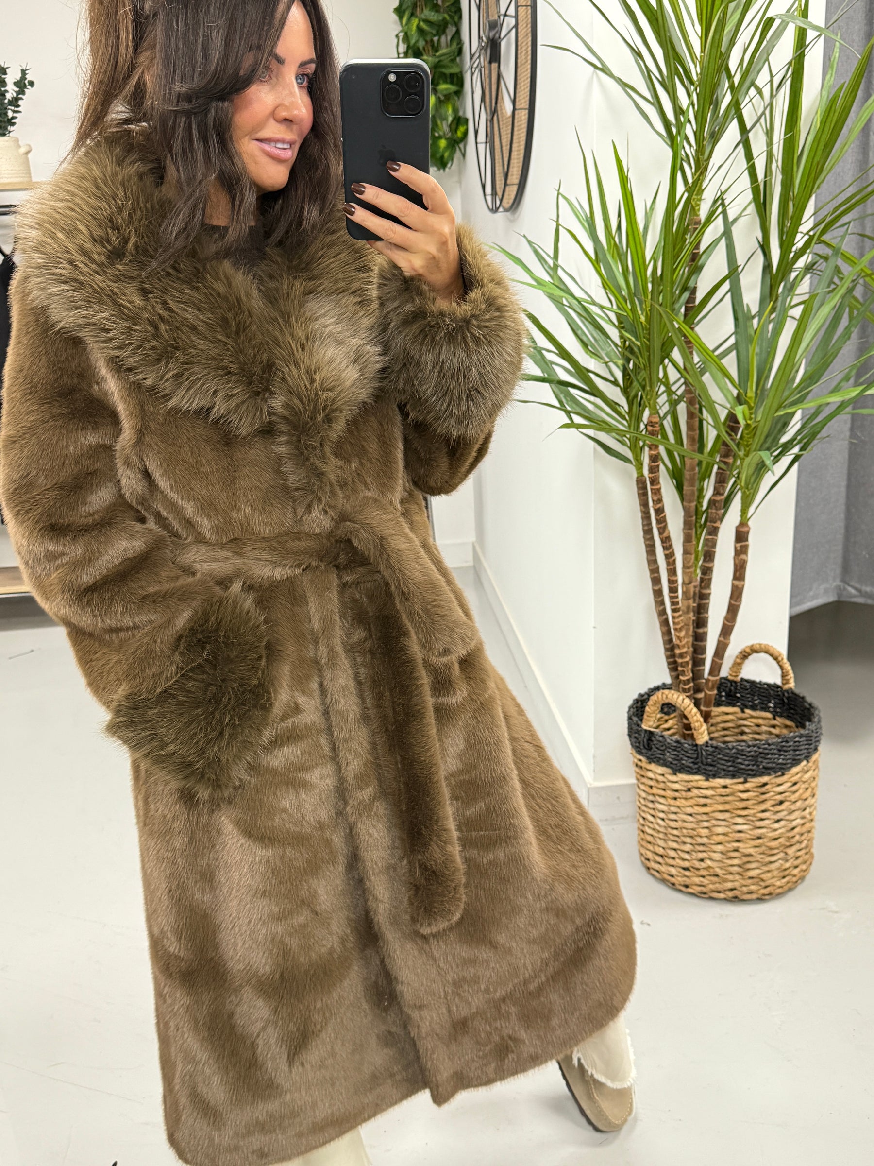 The Luxe Belted Faux Fur Wrap Coat - Chocolate