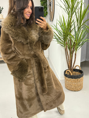 The Luxe Belted Faux Fur Wrap Coat - Chocolate
