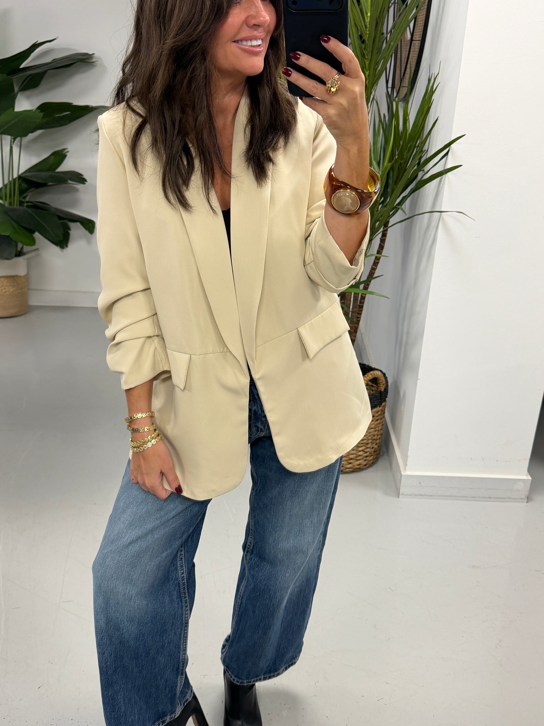 Ruched Sleeve Blazer - Cream (Std sizes)