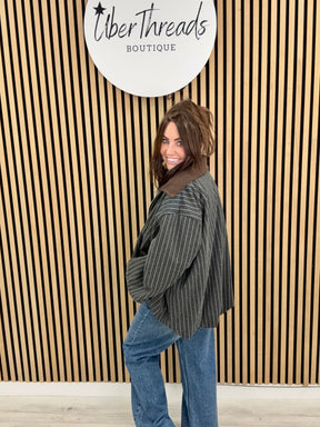 Zeta Otto Stripe And Cord Bomber - Grey