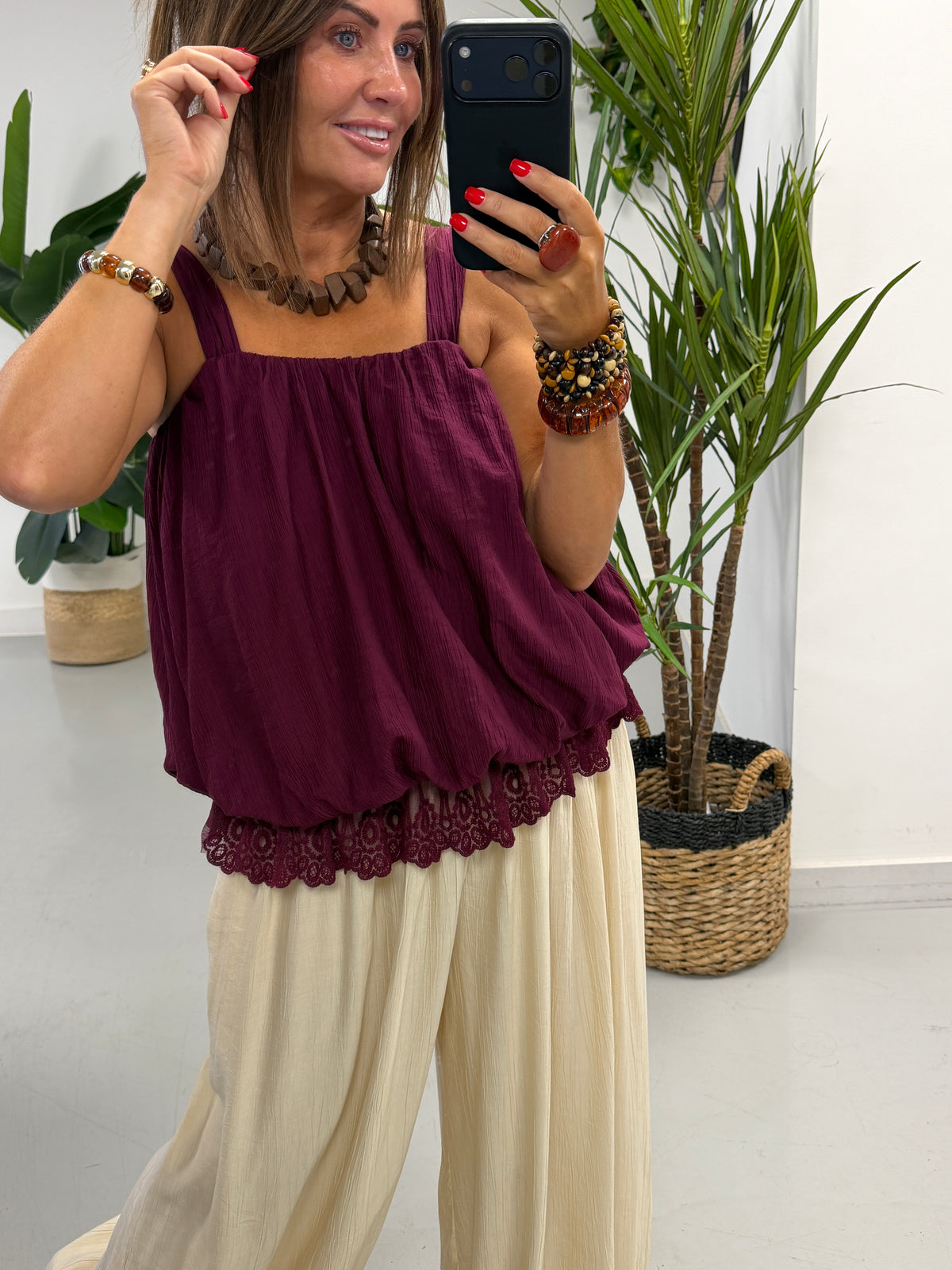 Crinkle Bubble Hem/Lace Cami - Wine