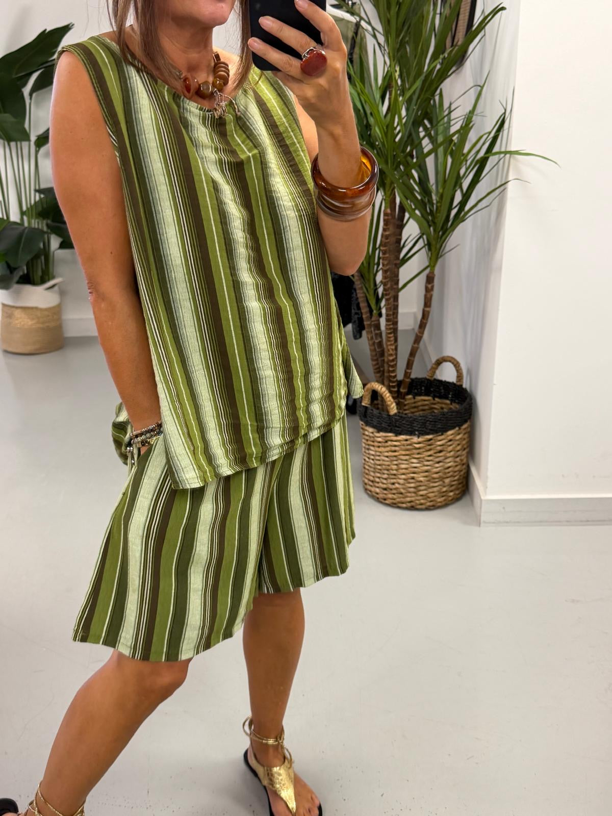 Belted Stripe Shorts Set - Green