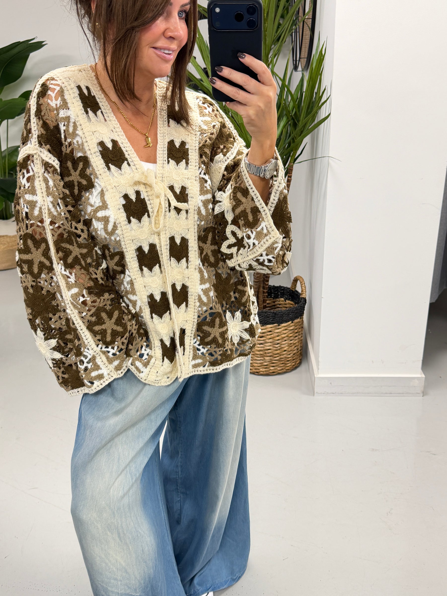 Sorrento Flower Crochet Tie Front Cardigan - Chocolate/Cream