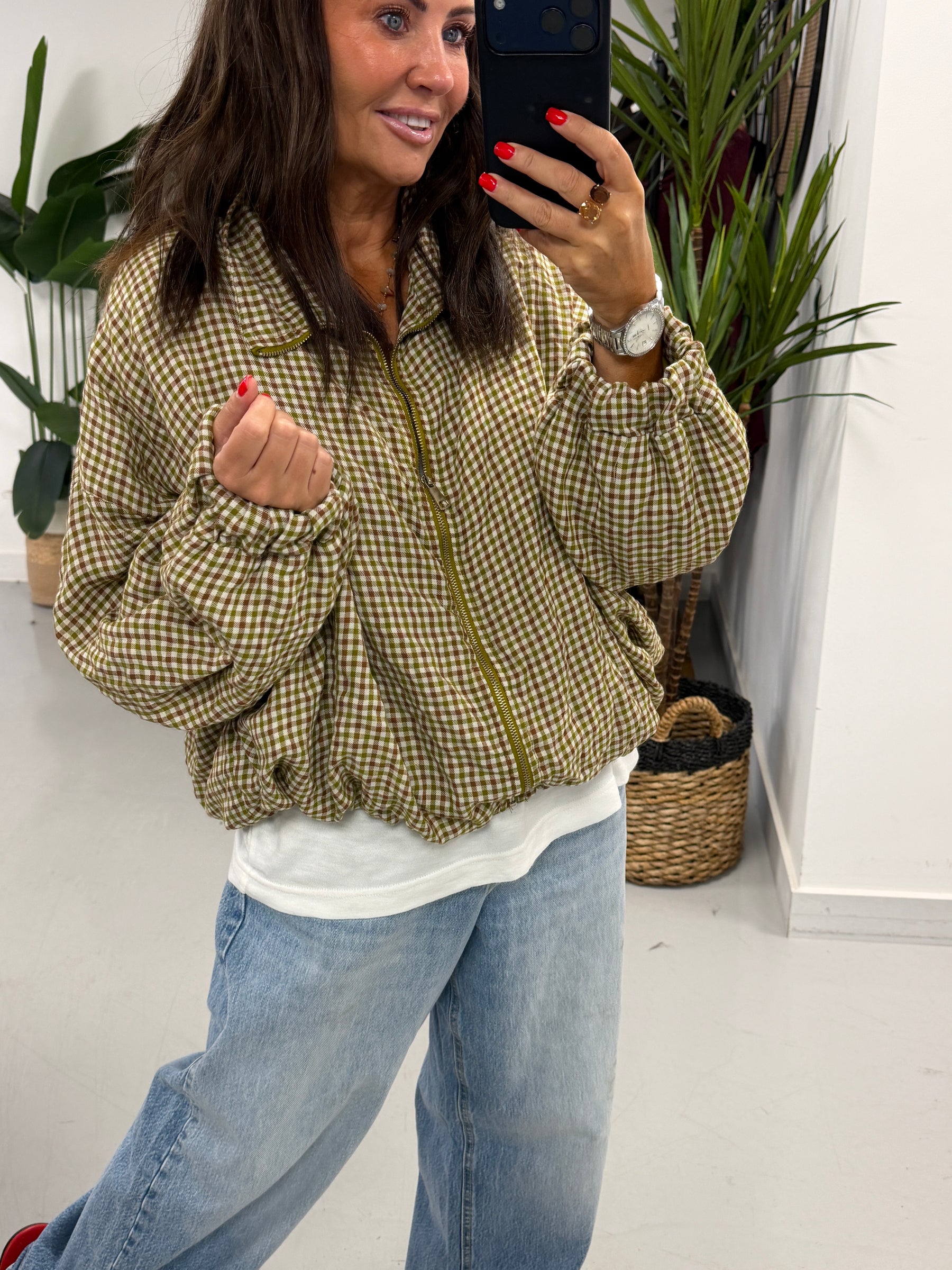 The Plaid Slouchy Bomber - Pistachio/Wine