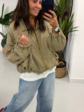 The Plaid Slouchy Bomber - Pistachio/Wine