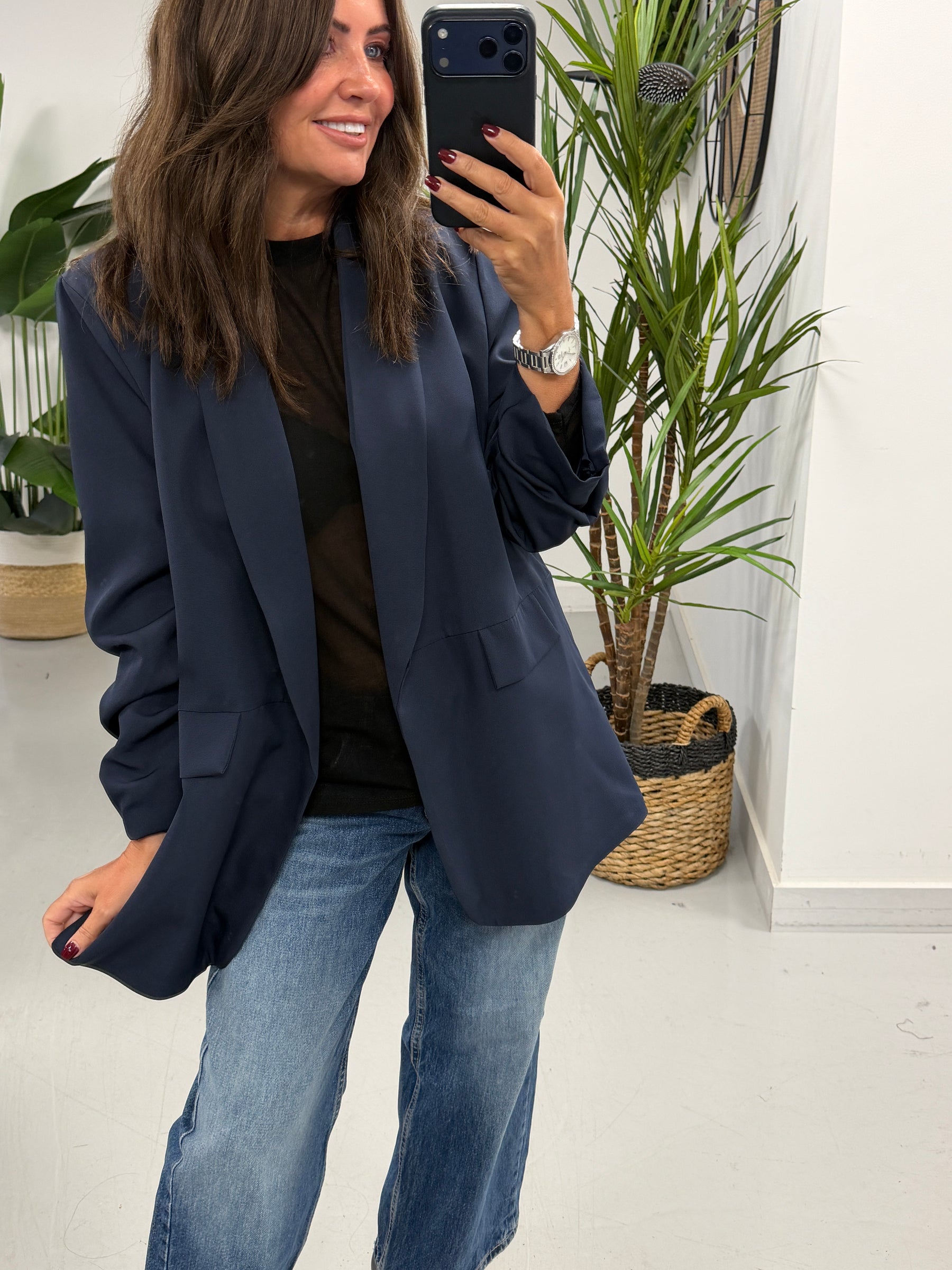 Ruched Sleeve Blazer - Navy (Plus sizes)
