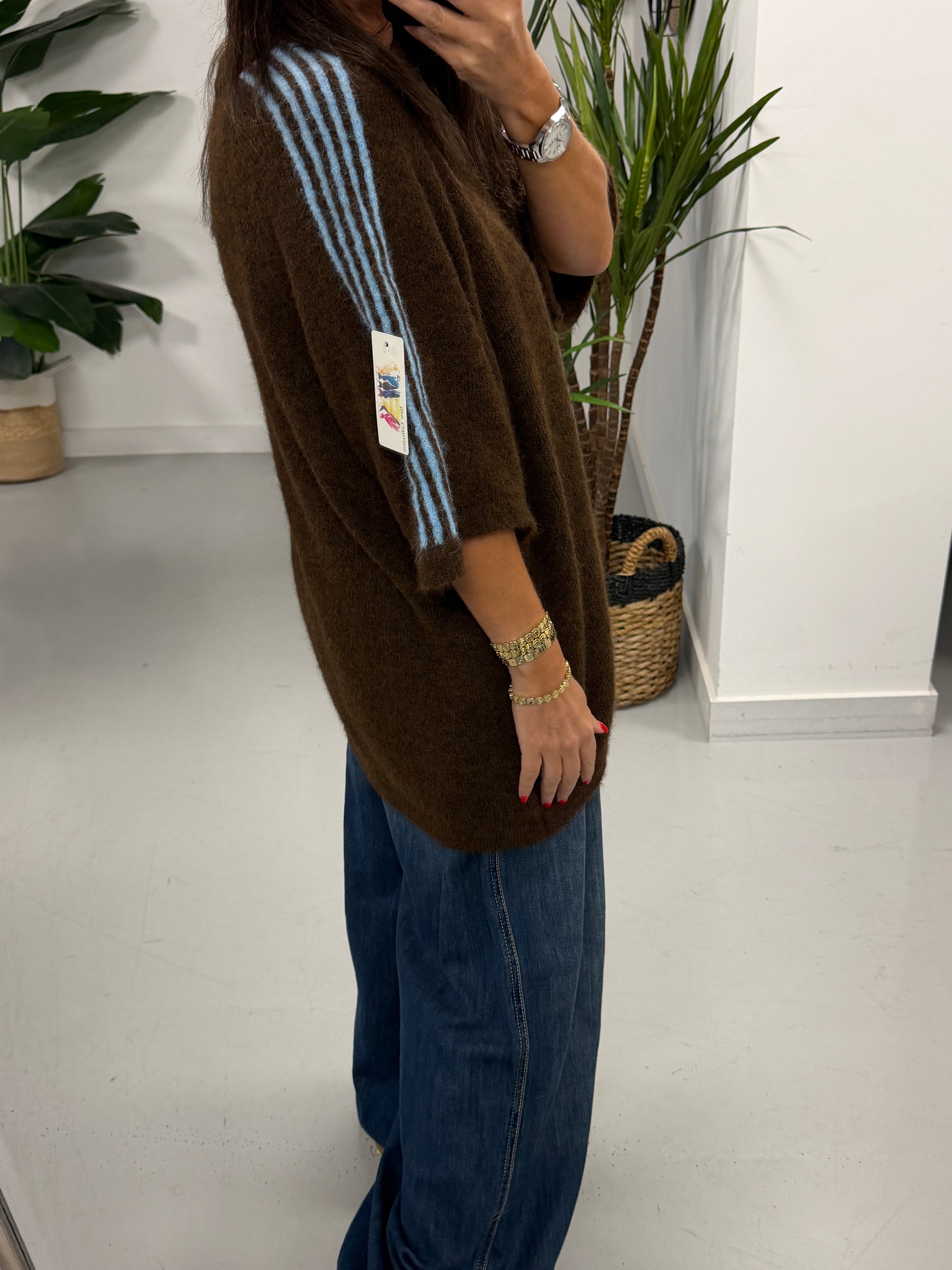 Stripe Long Line Knit  - Chocolate/Blue