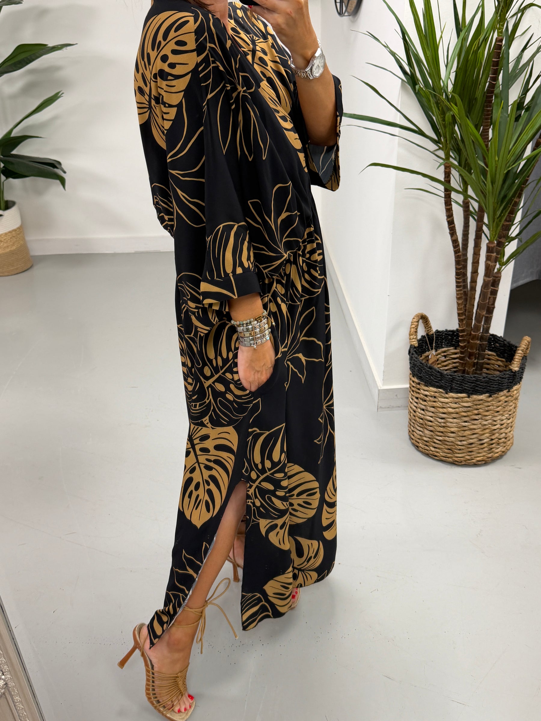 Leaf Cross Over Dress - Black/Gold