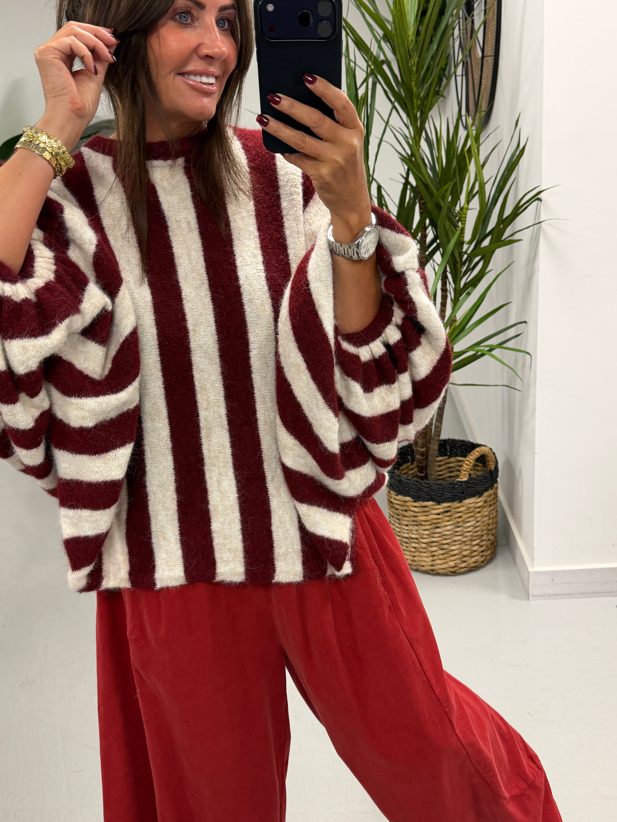 Zeta Otto Stripe Chunky Sleeve Knit - Wine (Size 10-18)
