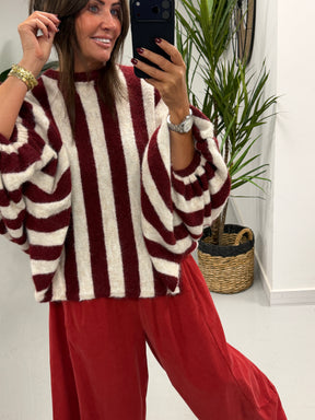 Zeta Otto Stripe Chunky Sleeve Knit - Wine (Size 10-18)