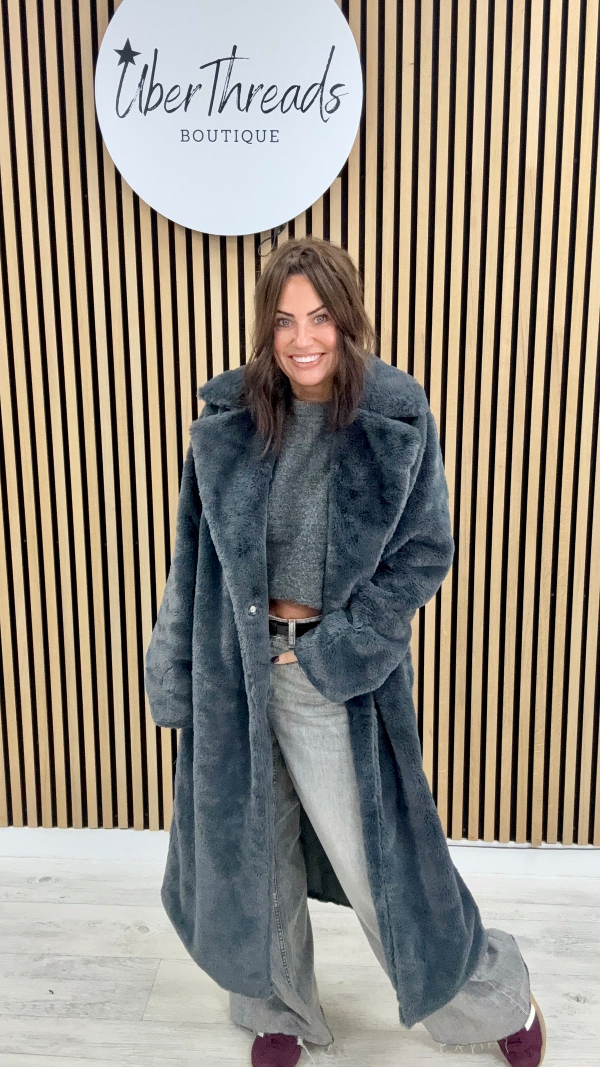 The Safron Longline Faux Fur Coat - Stormy Grey (Size 8-14)