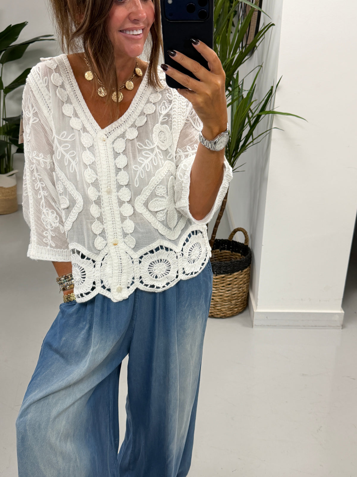 Sorrento Crochet Button Front  Cardigan - White