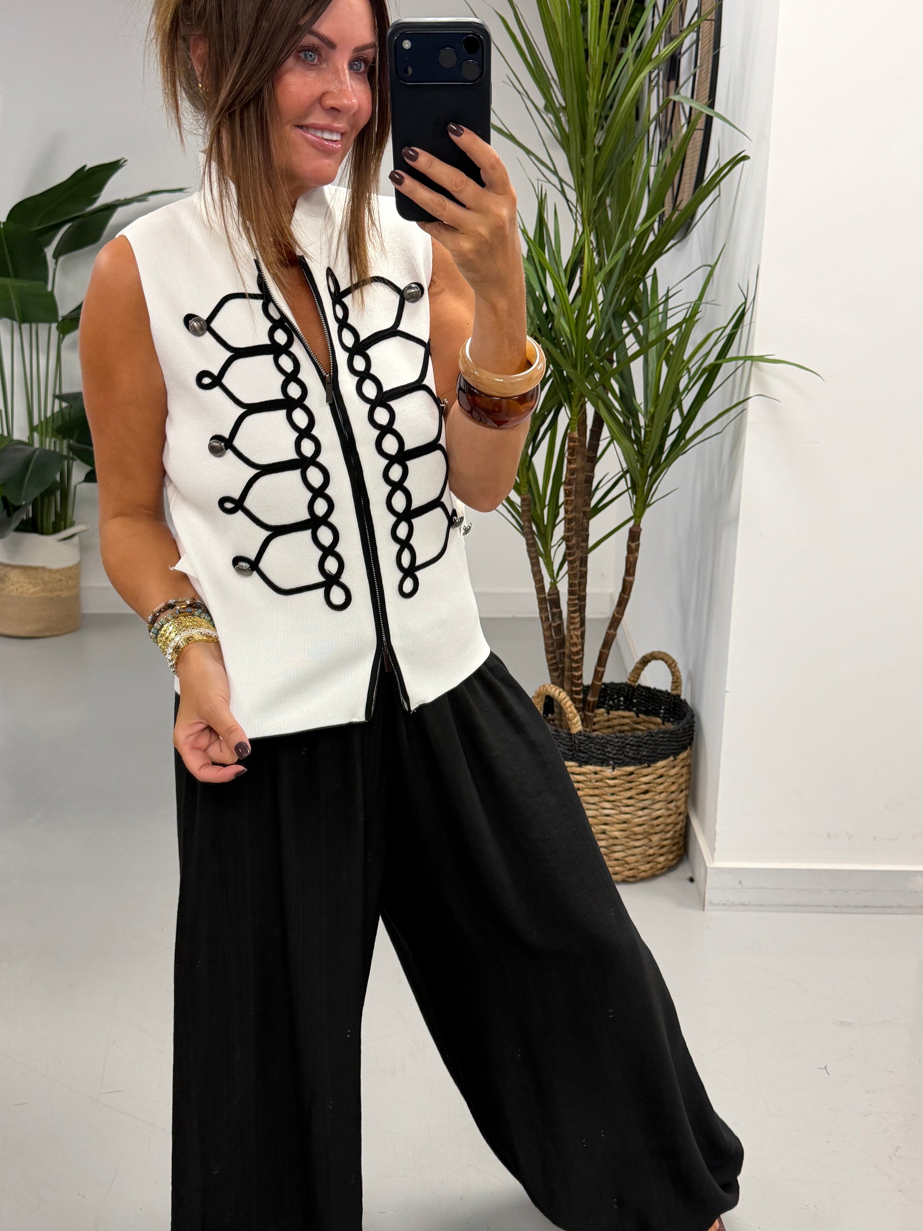 Military Patterned Knitted Waistcoat - White/Black
