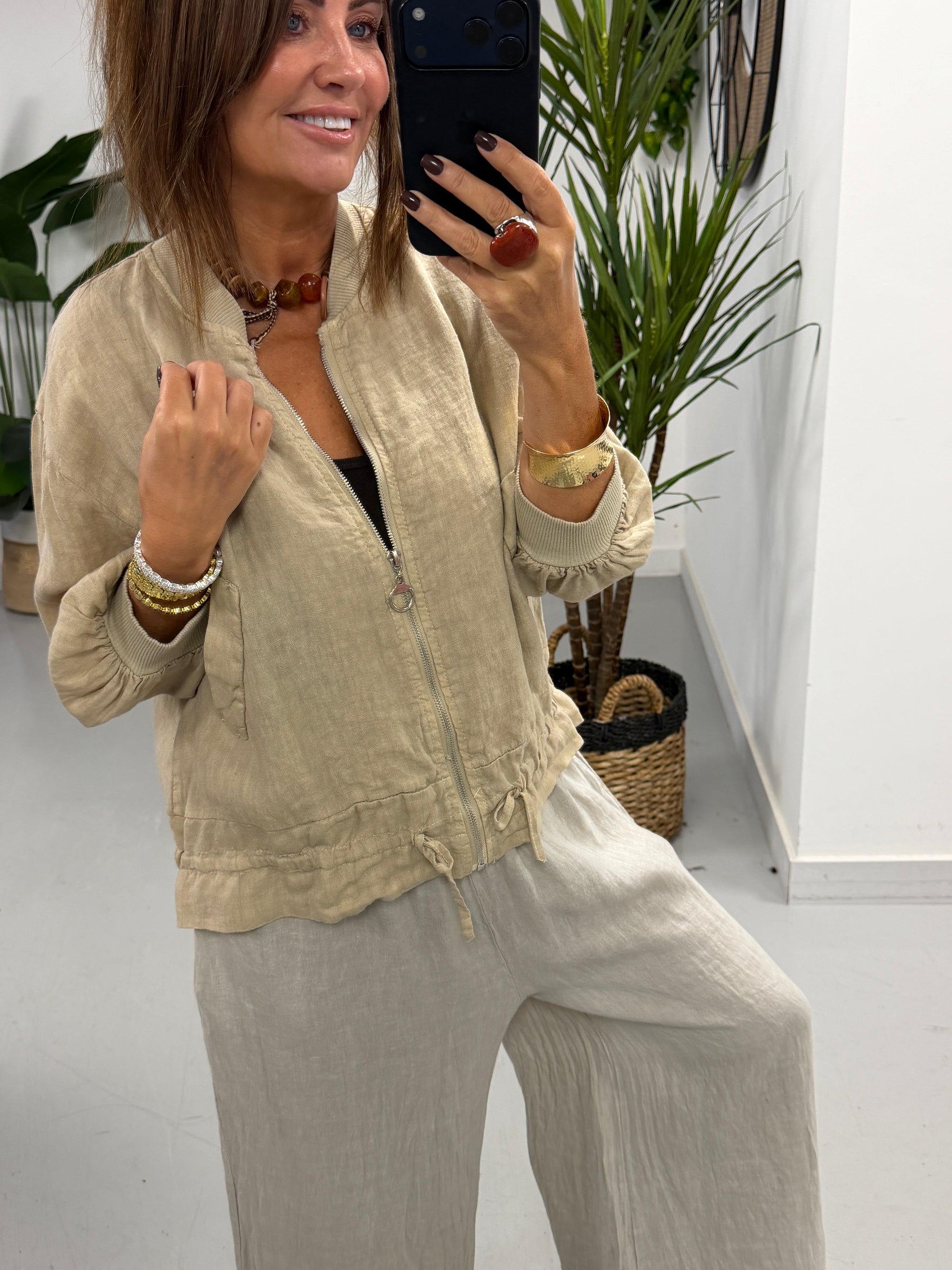 Linen Bomber Jacket - Soft Camel