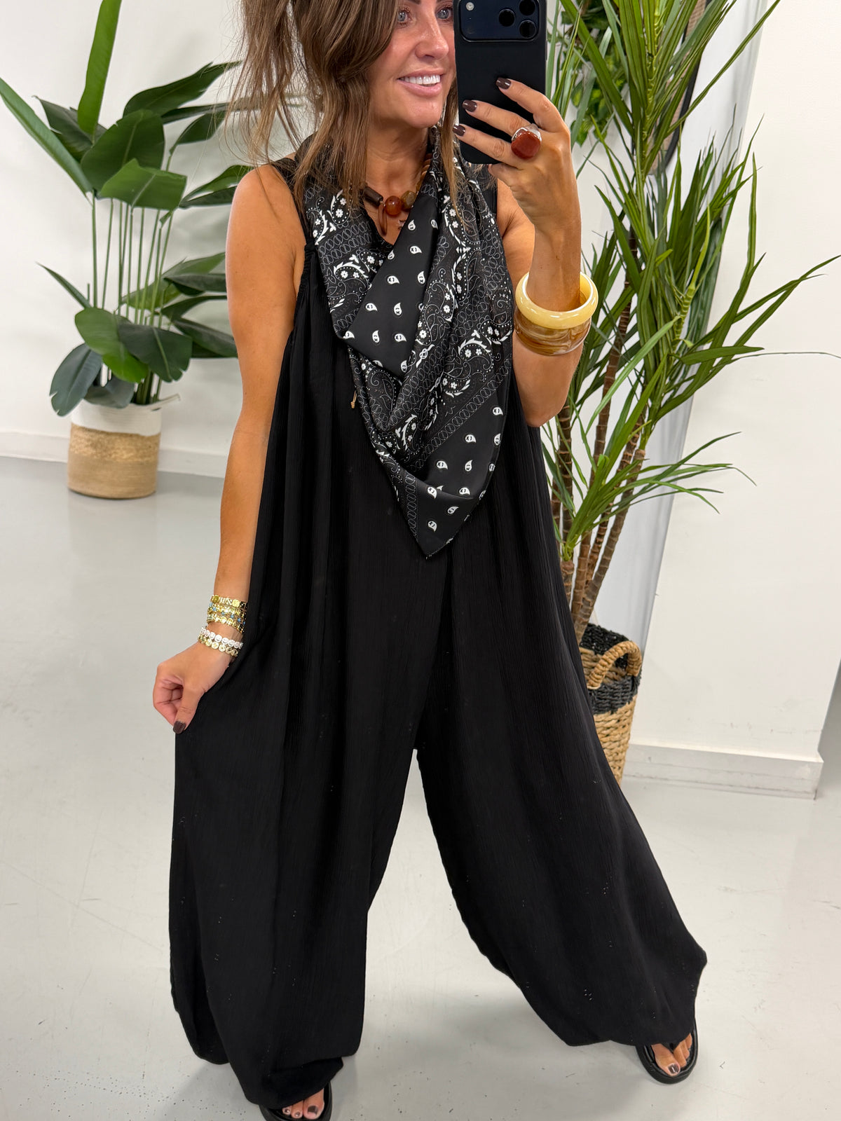 Bandana Scarf Crinkle Jumpsuit - Black
