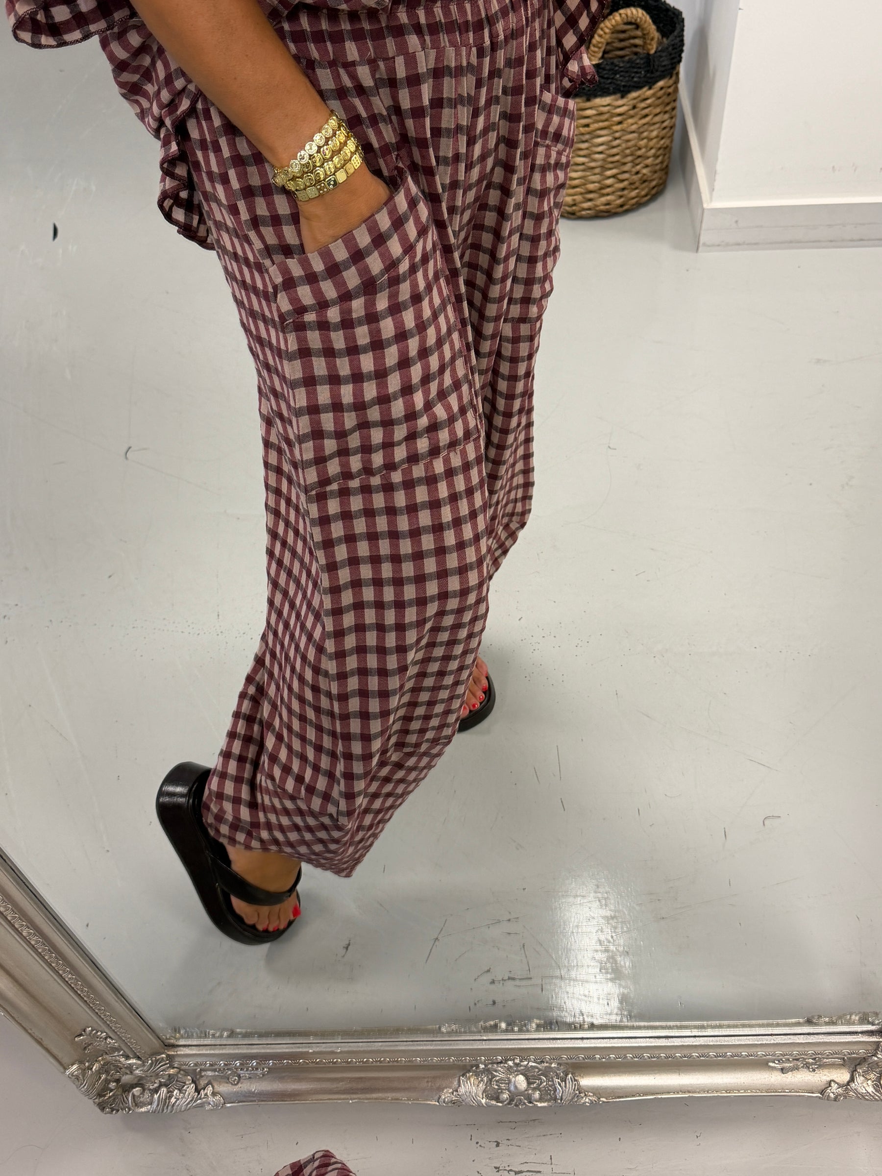 The Autumn Check Tulip Hem Trousers - Wine