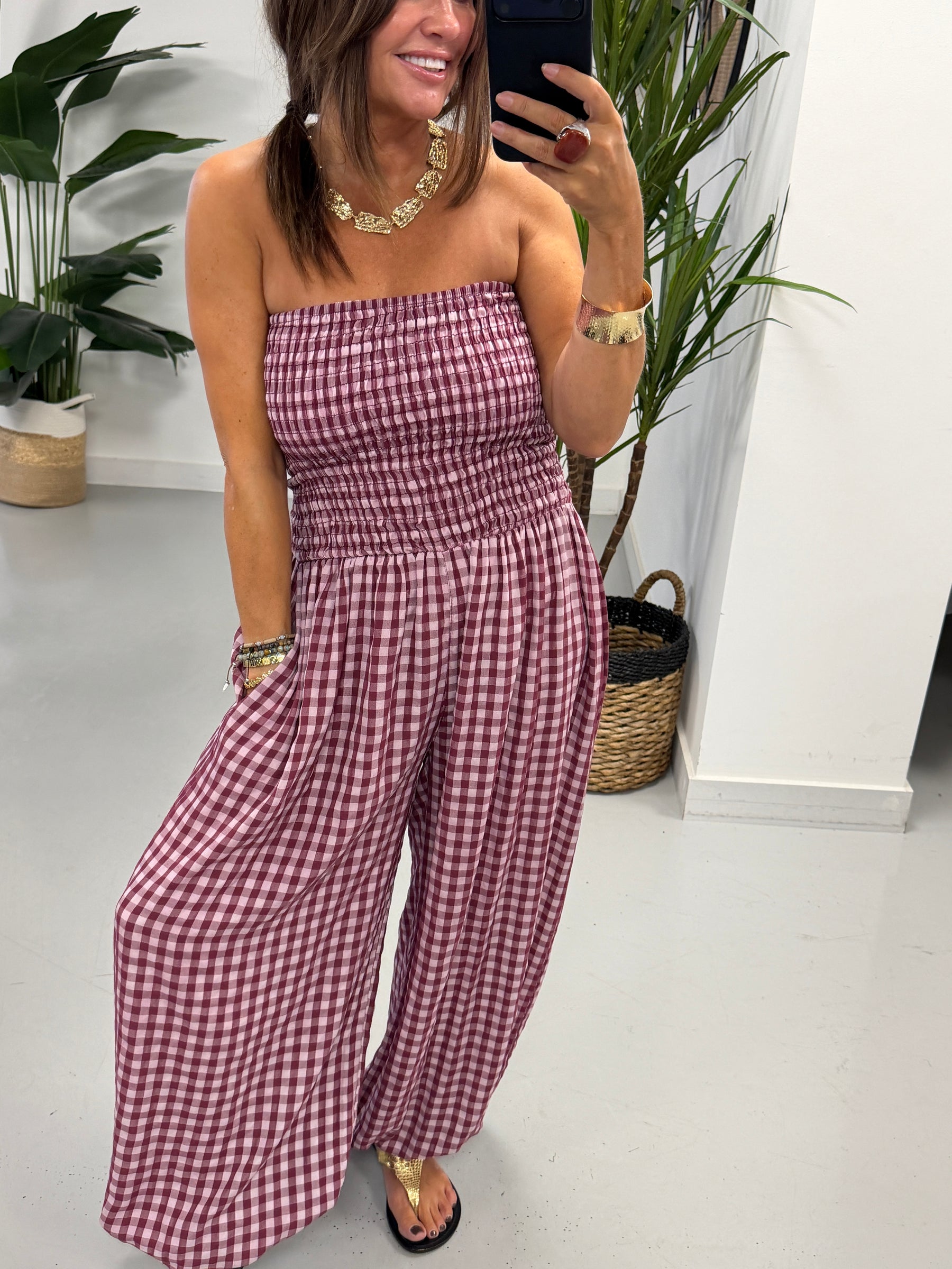 The Vichy Gingham Balloon Leg Jumpsuit - Wine