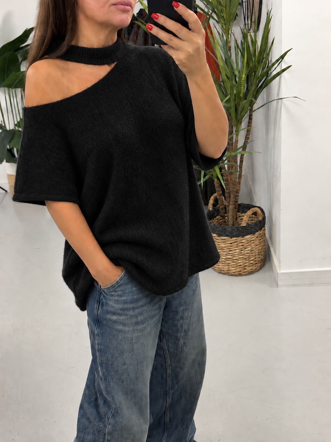 Crop Sleeve Slash Neck Knit  - Black (Size 10-16)