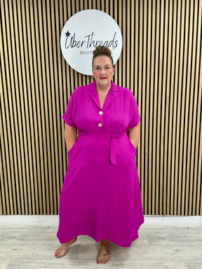 Chunky Button Belted Shirt Dress - Magenta
