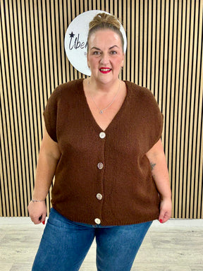The Knitted Gold Button Waistcoat - Chocolate