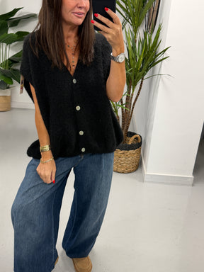 Button Up Slouchy Crop Sleeve Knit - Black