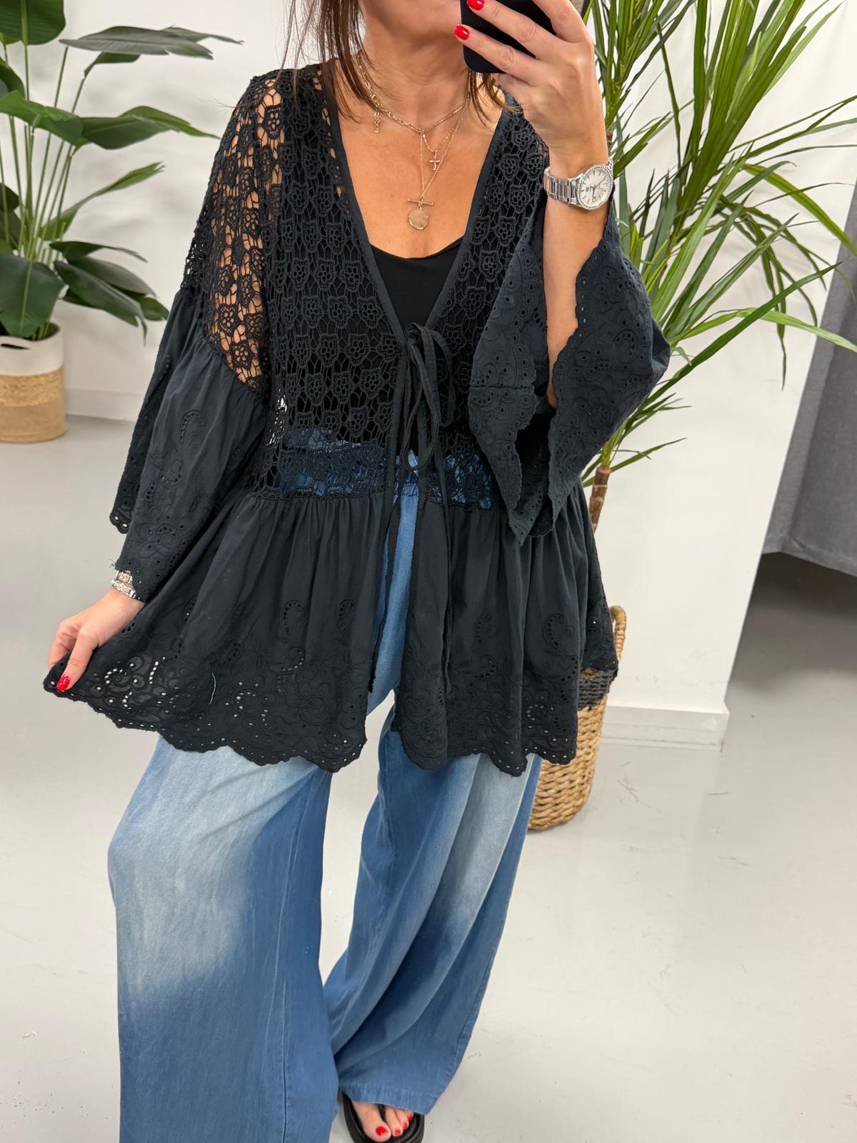 Sorrento Crochet/Broderie Tie Front  - Black
