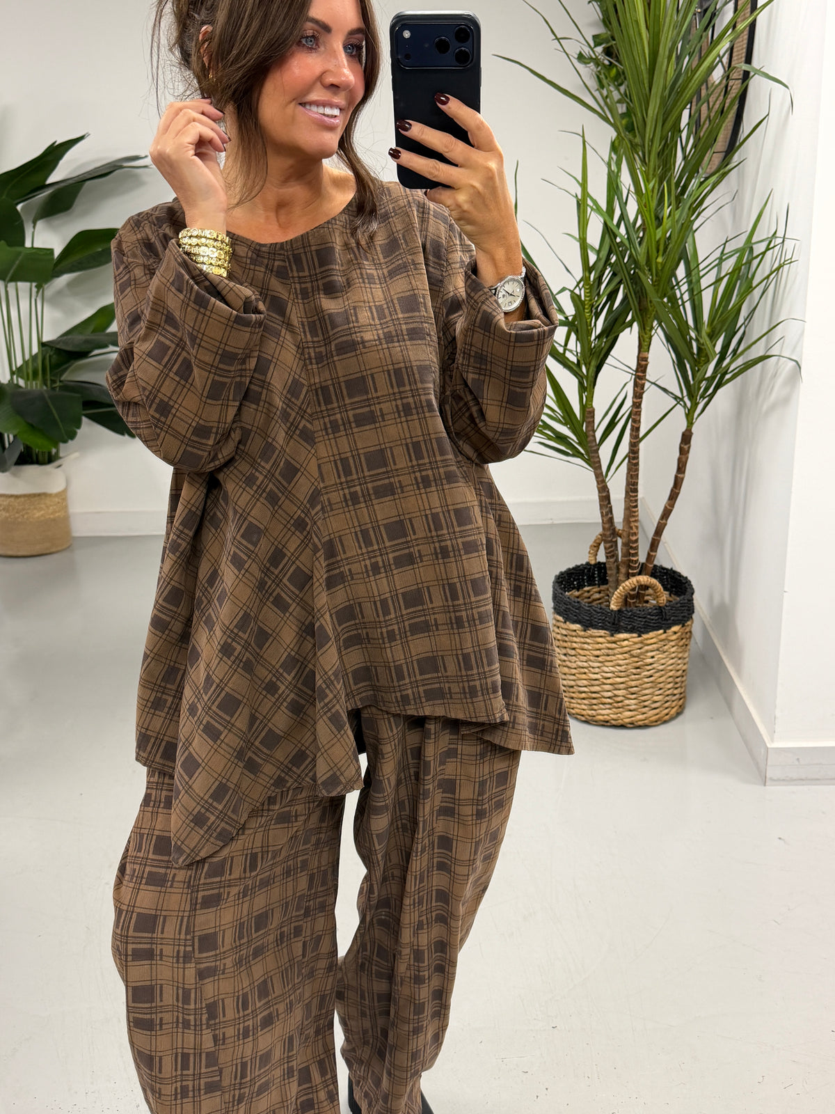 The Herritage Check Needlecord Tunic - Camel/Chocolate (Size 12-16)