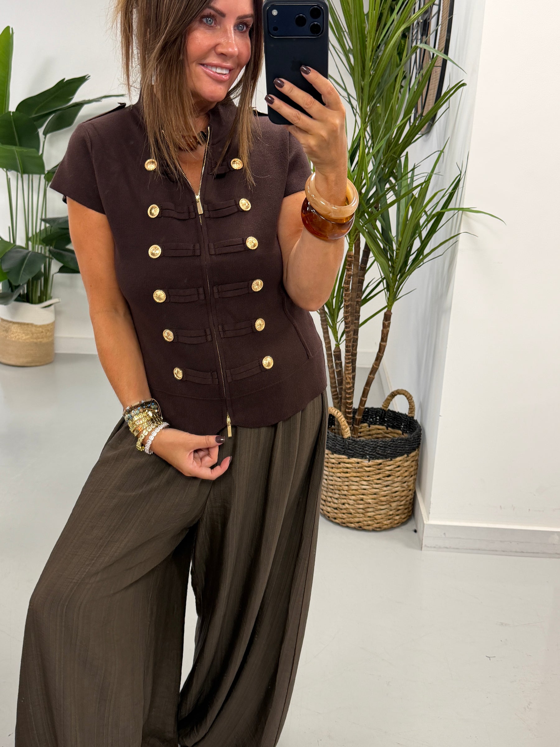 Capped Sleeve Military Waistcoat - Chocolate