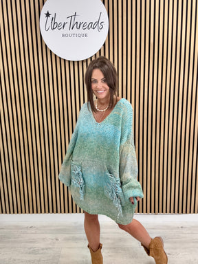 The Harlow Fringed Pocket Knit - Blue