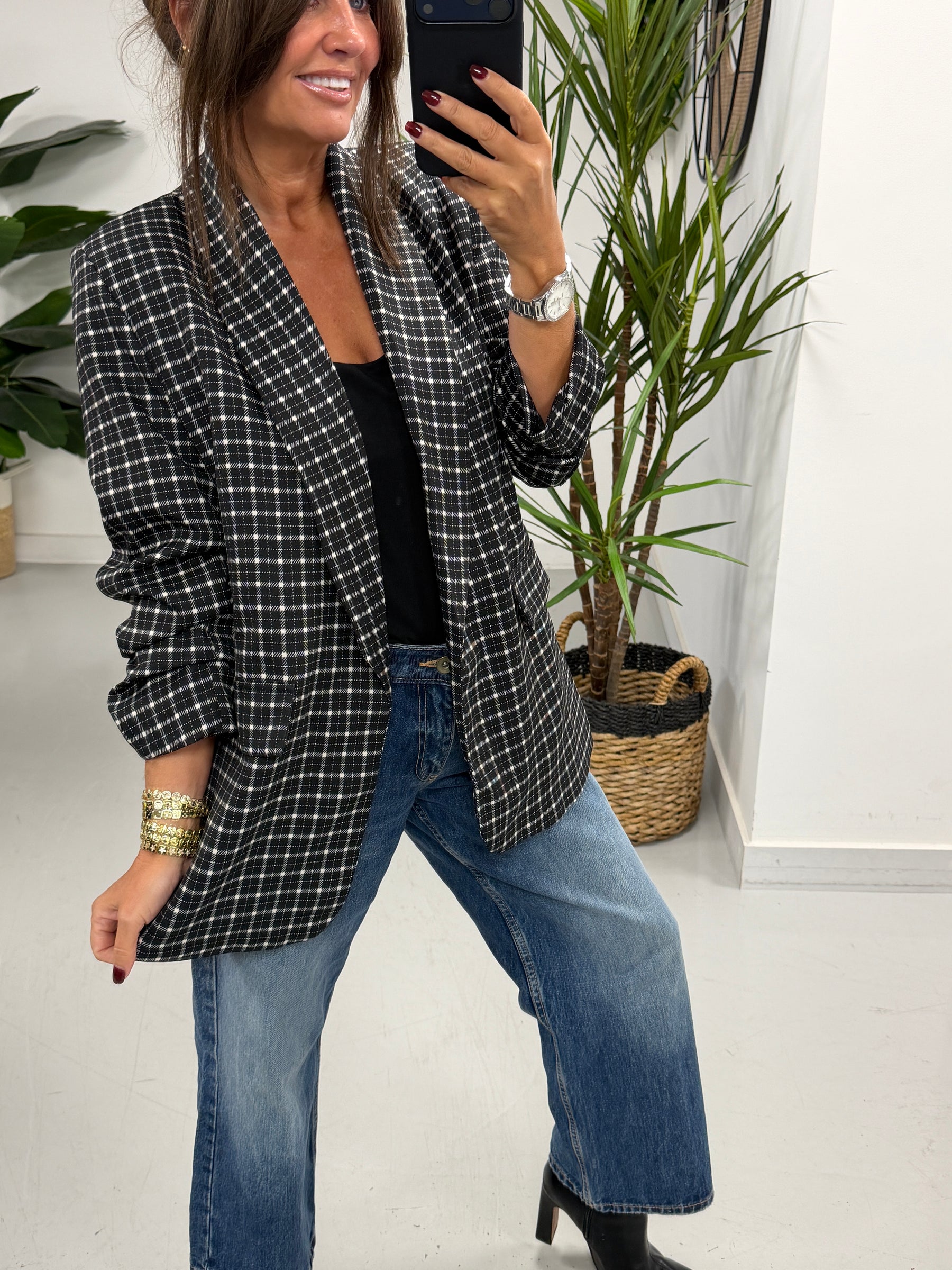 Ruched Sleeve Plaid Blazer - Black/White   (Std sizes)