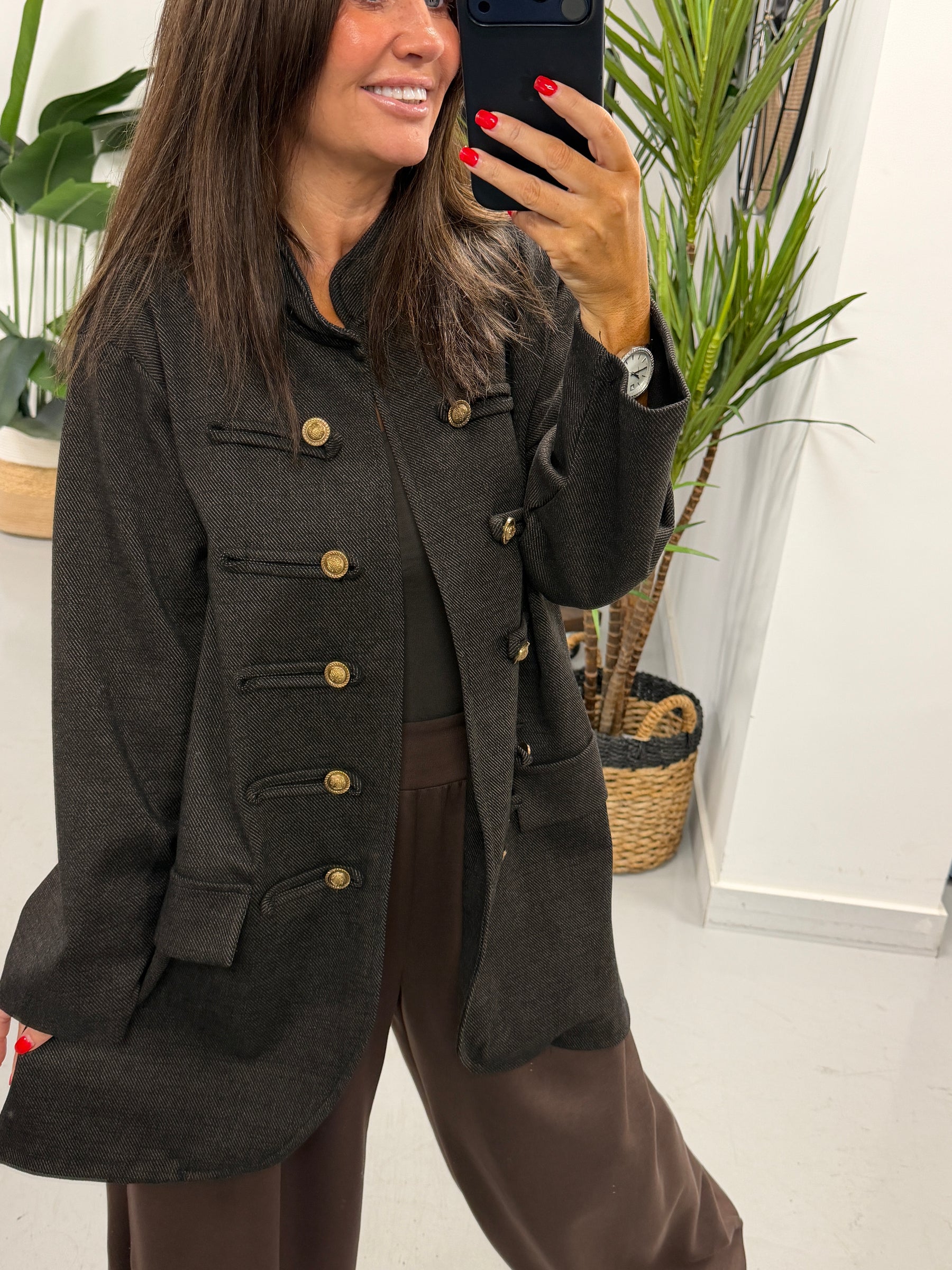 The Long Line Herringbone Style  Military Jacket - Chocolate