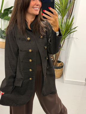 The Long Line Herringbone Style  Military Jacket - Chocolate