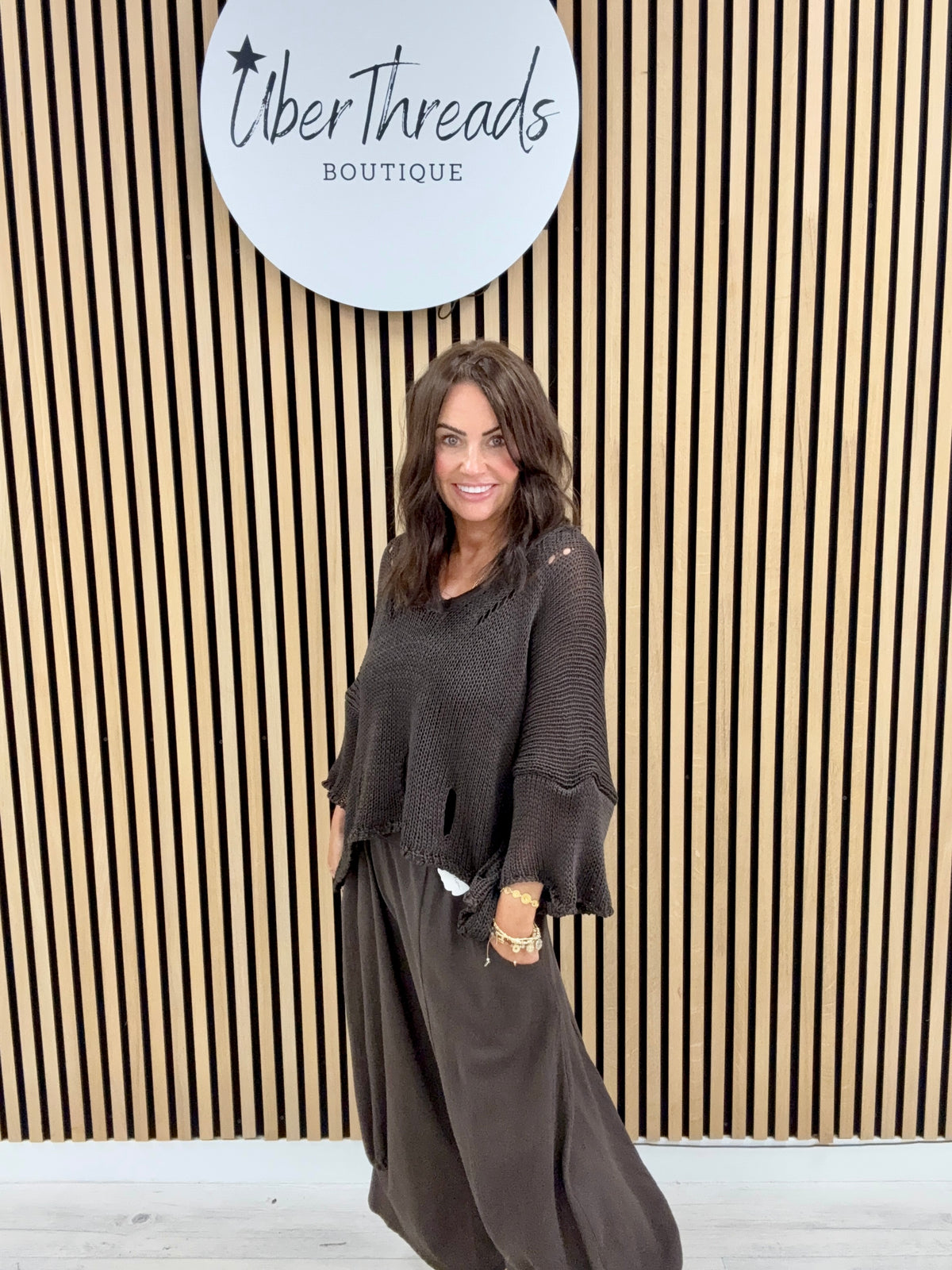 V Neck Holey Knit - Chocolate