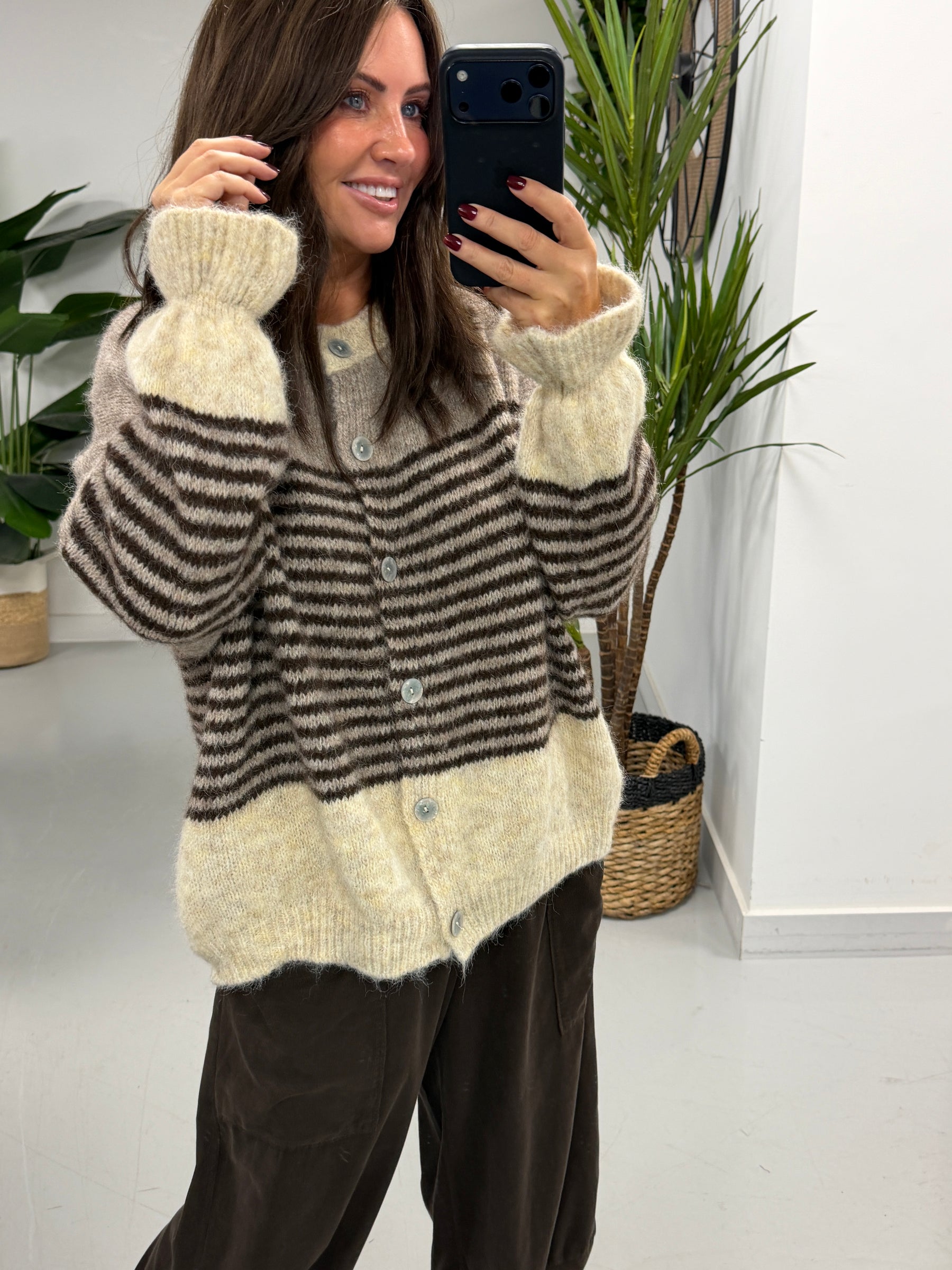 Rustic Stripe Knit Cardigan - Mocha/Chocolate (Size 10-18)