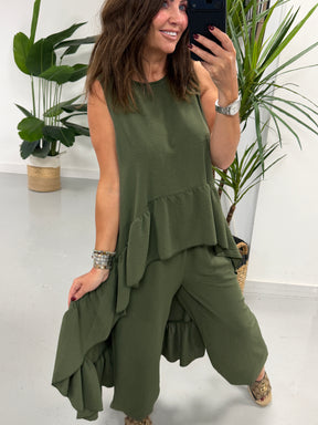 Valentina Hi Low Frill Two Piece - Khaki