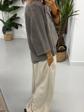 Linen Blend Boxy Top - Pebble
