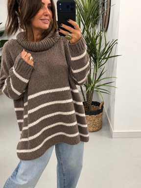 The Rustic Stripe Soft Knit -  Mocha Cream (Size 12-20)