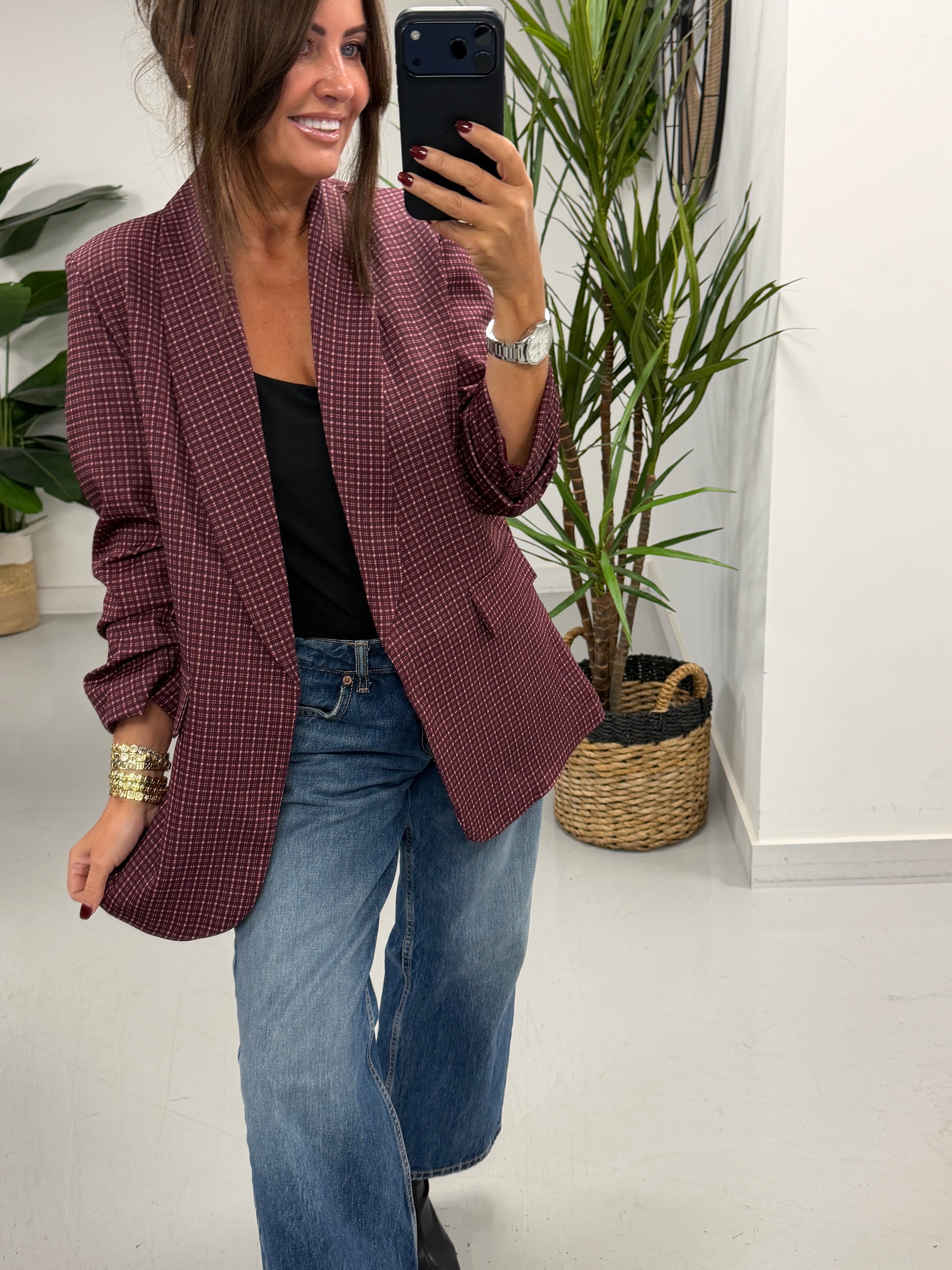 Ruched Sleeve Plaid Blazer - Wine  (Std sizes)